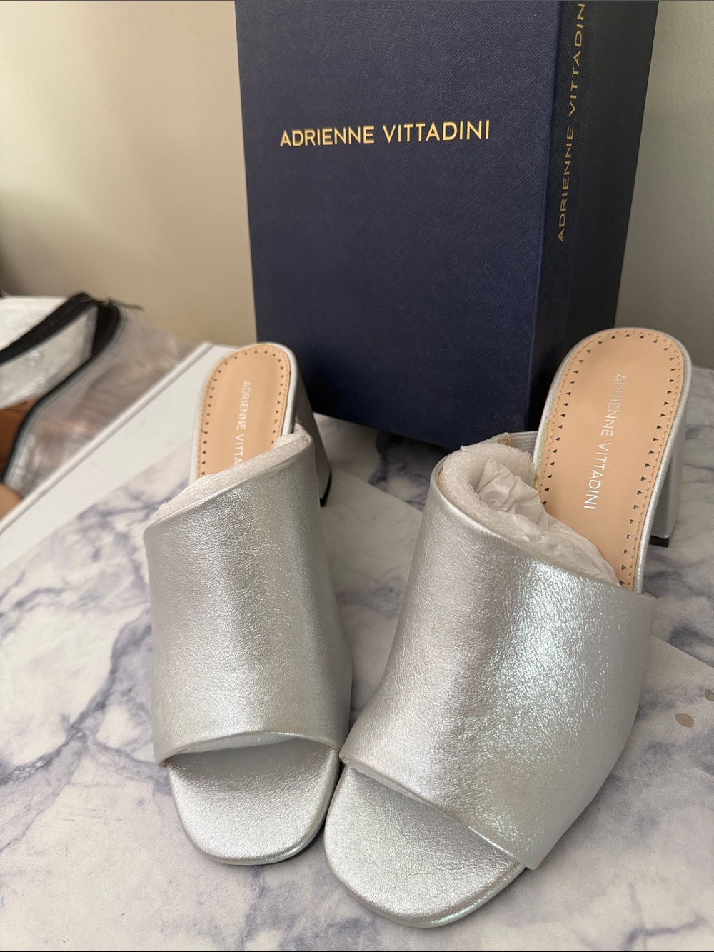 Adrienne Vittadini Metallic Silver Open-Toe Mules